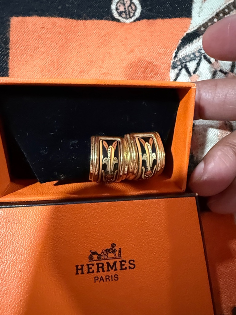 Gold and Black Enamel earrings Hermes clip on Set